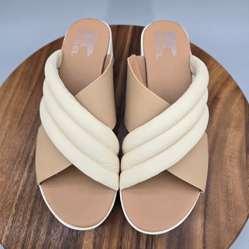 Sorel Cameron Sandals Womens 10 Chalk Beige Slip On Leather Wedge Platform Slide - Picture 5 of 8